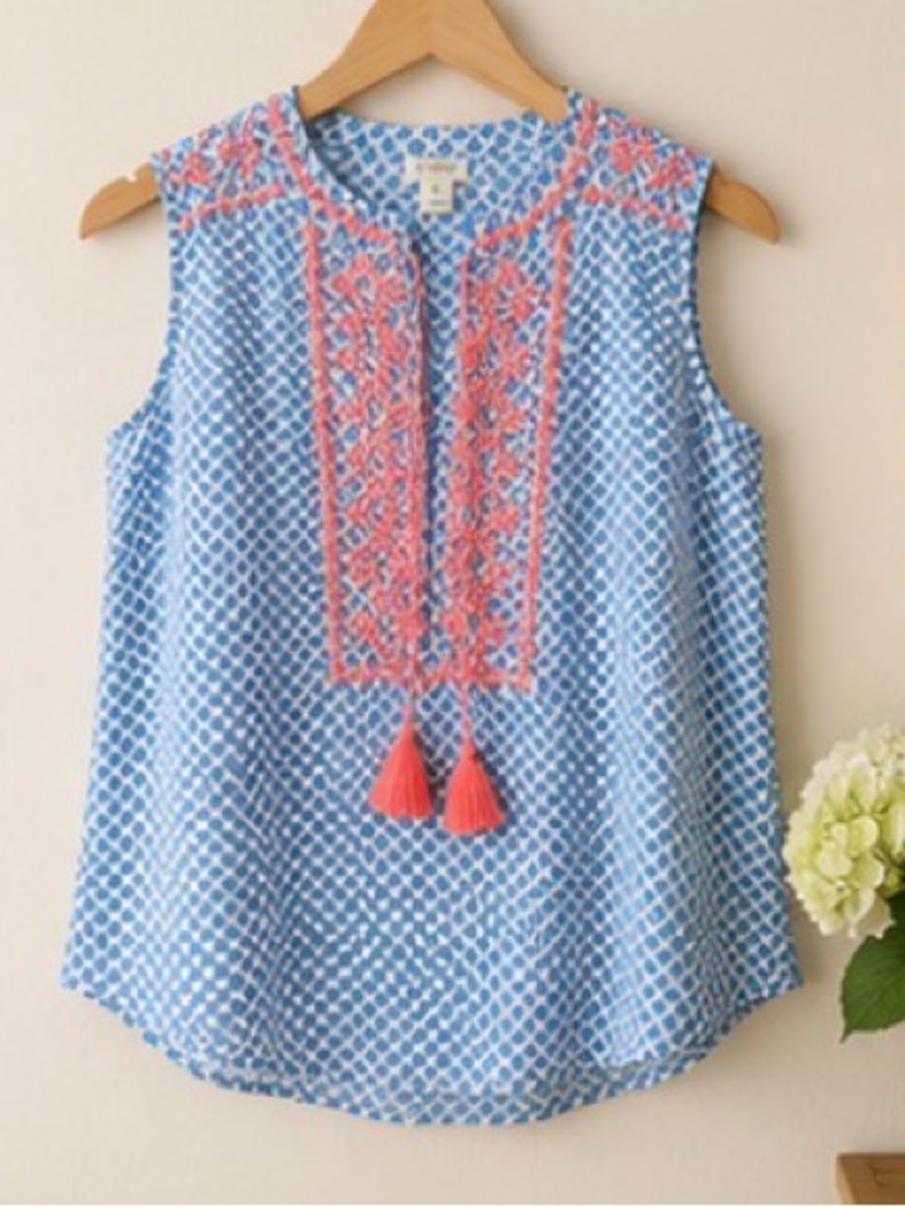 J.Crew Embroidered Tassel Top 4 Coastal Preppy Resort Boho Cotton - Picture 7 of 9